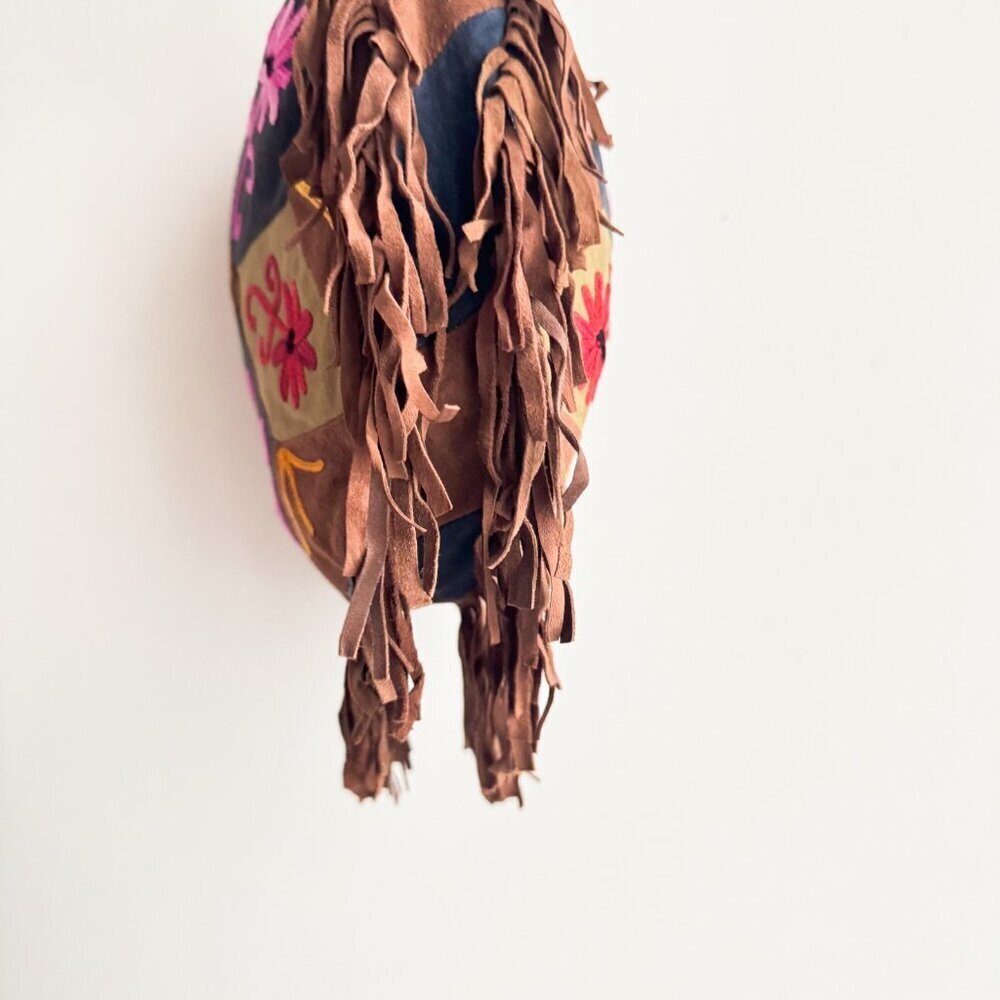 Vintage Patchwork Deerskin Round Crossbody w fringe - Picture 9 of 9